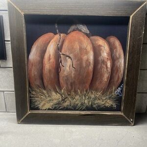 Primitive Autumn Harvest  Pumpkin Framed Picture Jan Michael’s 13 X 13